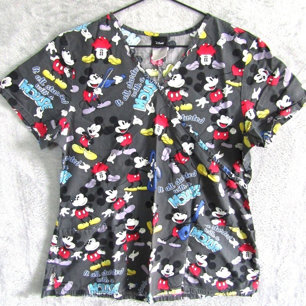 Disney Mickey Mouse Mock Wrap Scrub Top Charcoal Gray Medical Nursing‎ Small